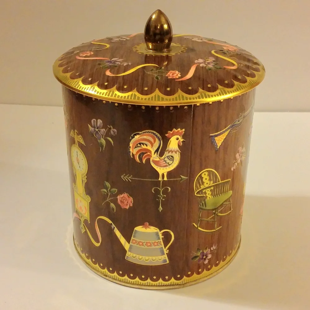 Vintage Decorative Cookie Tin with Brown and Gold Accents